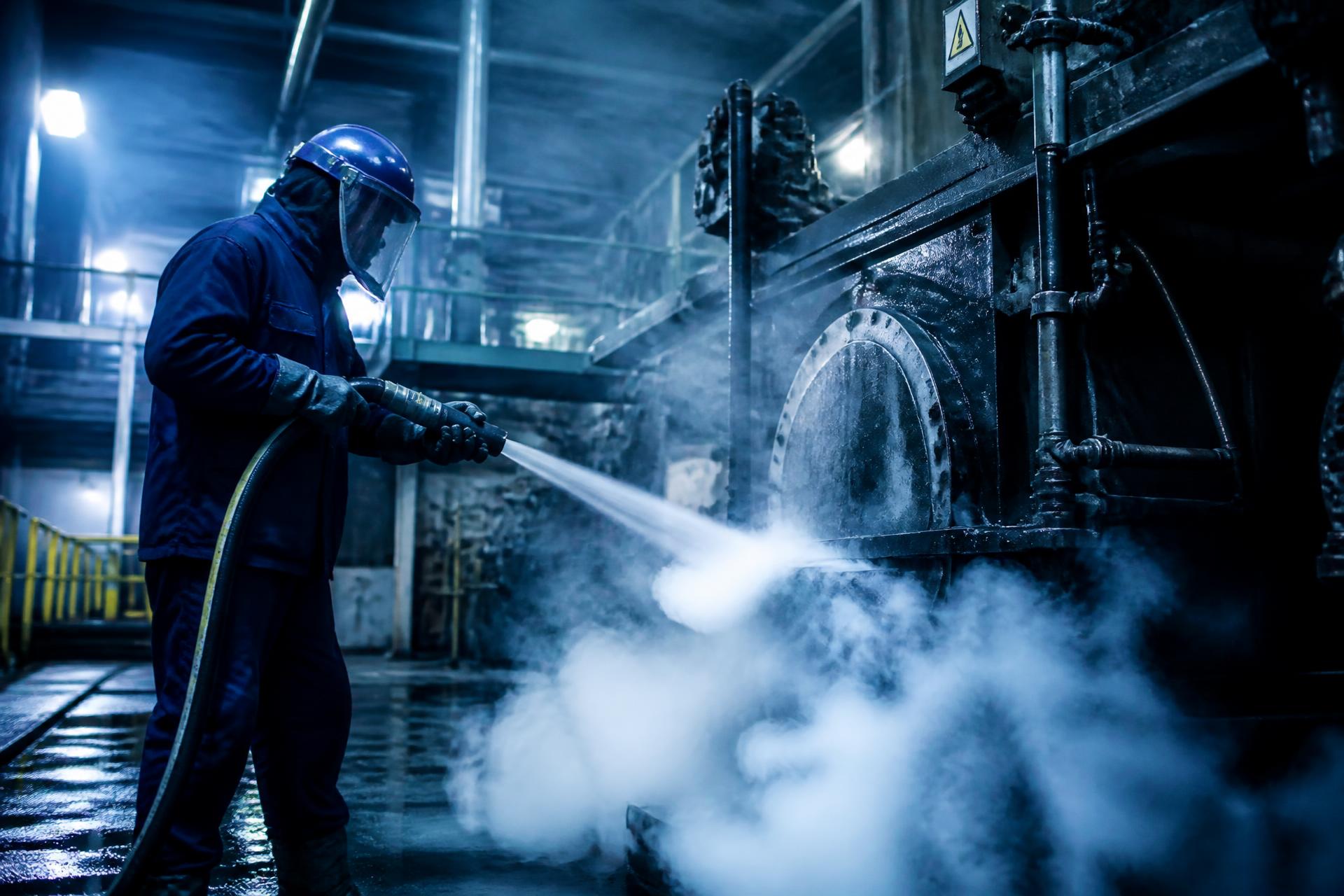 Technician in protective equipment dry ice blasting industrial machinery inside a factory
